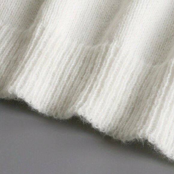 White Casual Women's Autumn/Winter Solid Color Frilled Edge V-Neck Sweater - Picture 5 of 6